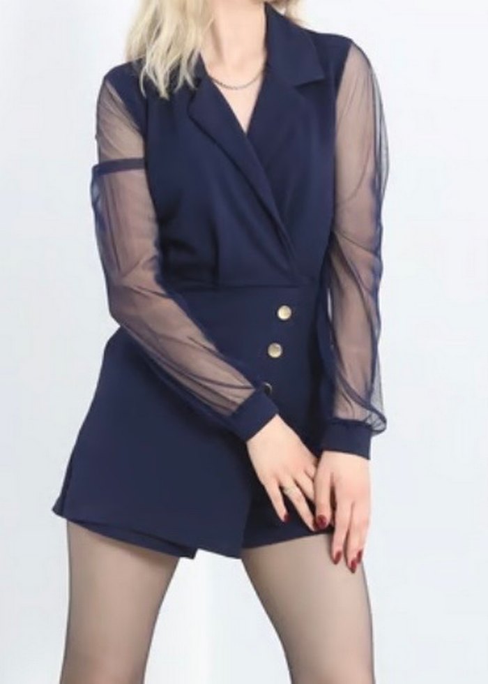 Düğmeli Kısa Lacivert Kadın Blazer Tulum - Görsel 3