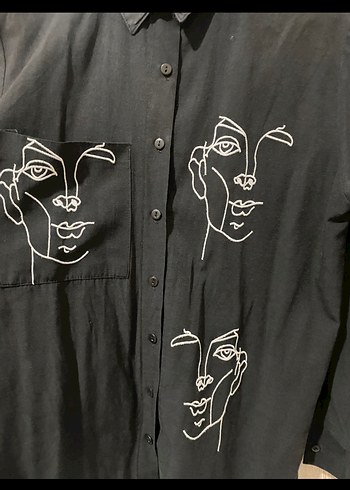 Düğmeli Siyah Keten Uzun Kollu Gömlek - Görsel 2