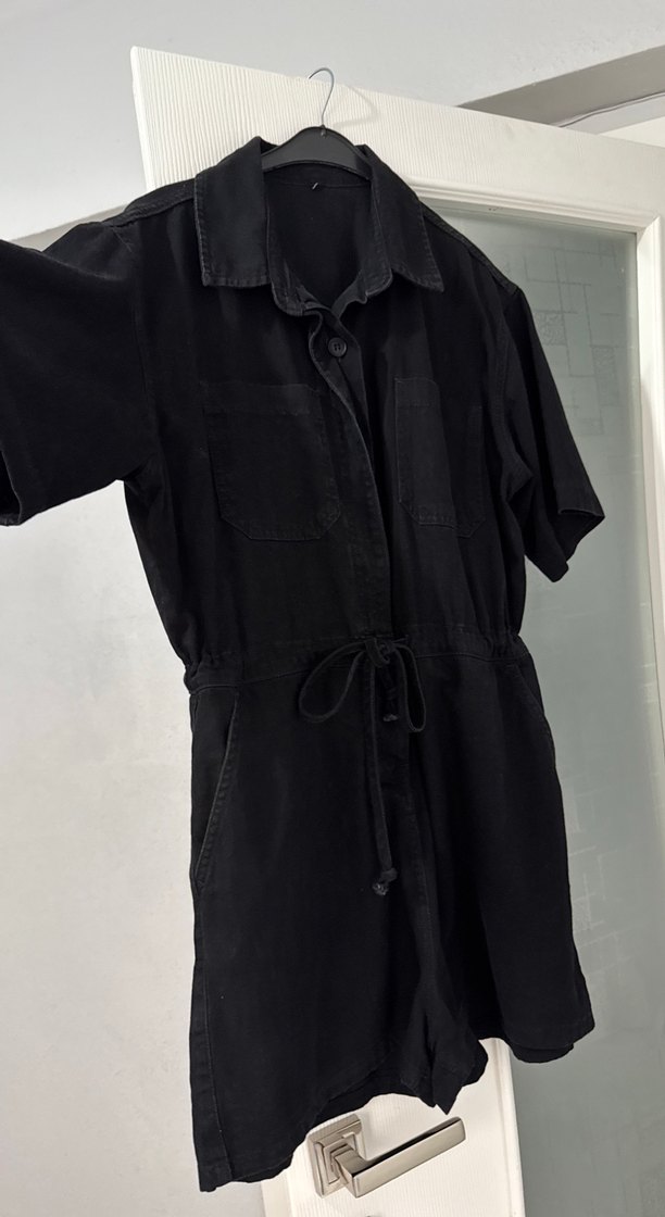 Siyah Kısa Kollu Denim Tulum - Görsel 2