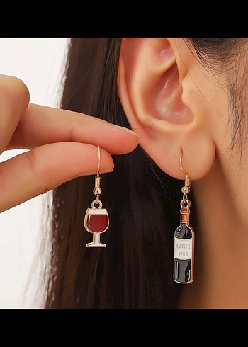 Bordo Parlak Şarap ve Bardak Küpe Seti - Görsel 3