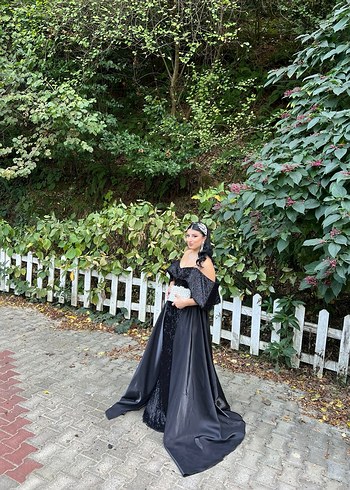 Siyah Straplez Gotik İşlemeli Uzun Abiye - Görsel 2