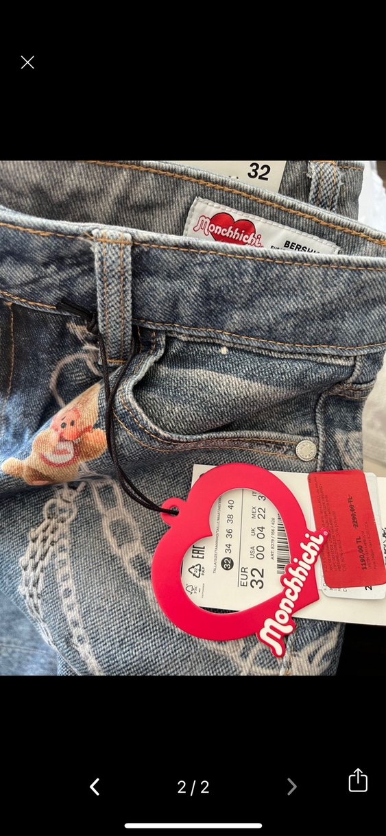 BERSHKA  Zincir Detaylı Mavi Batik Desenli Bol Kesim Kadın Kot - Görsel 2