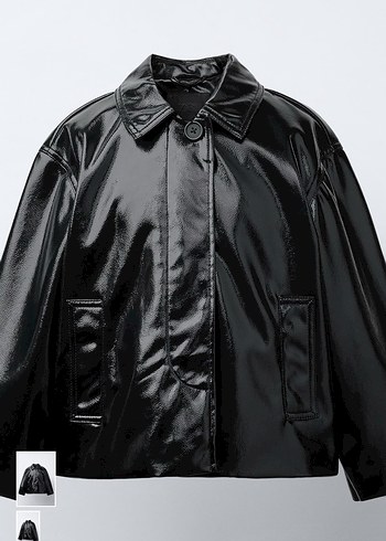 Zara Kadın Siyah Parlak Biker Deri Ceket - Görsel 4