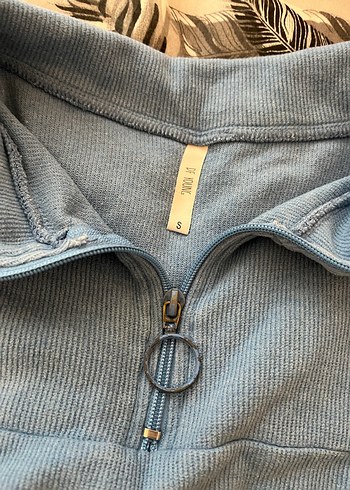 Kadın Mavi Denim Yarım Fermuarlı Sweatshirt - Görsel 4