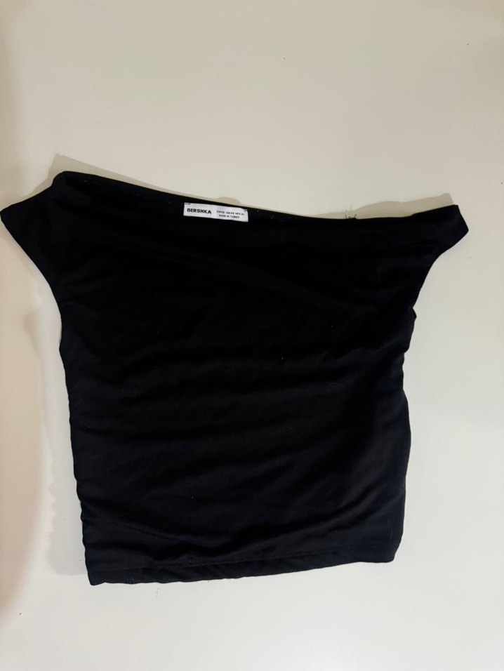 Siyah Asimetrik Yaka Kadın Crop Top - Görsel 2