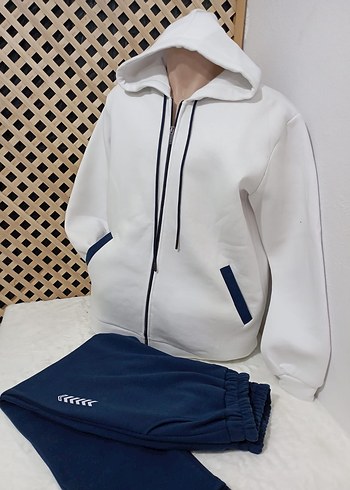 Erkek Beyaz Fermuarlı Kapüşonlu Eşofman Takımı - Görsel 3
