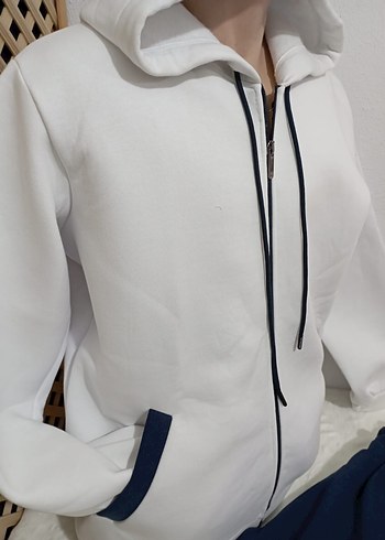 Erkek Beyaz Fermuarlı Kapüşonlu Eşofman Takımı - Görsel 2
