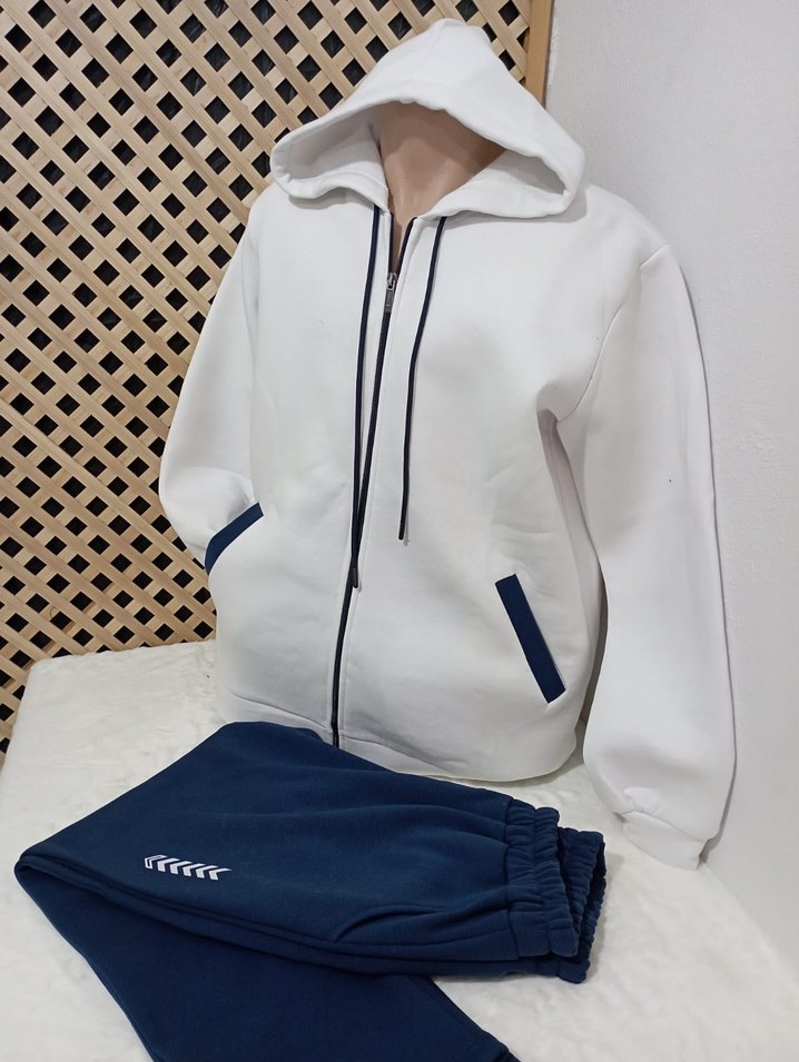 Erkek Beyaz Fermuarlı Kapüşonlu Eşofman Takımı - Görsel 3