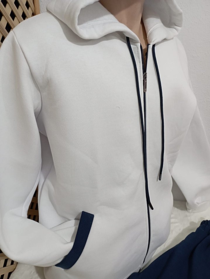 Erkek Beyaz Fermuarlı Kapüşonlu Eşofman Takımı - Görsel 2