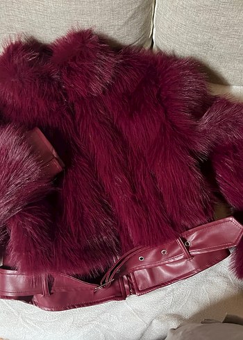 Bordo Deri ve Kürk Detaylı Biker Ceket - Görsel 2