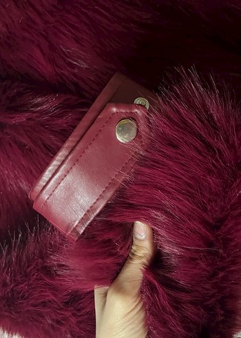 Bordo Deri ve Kürk Detaylı Biker Ceket - Görsel 6