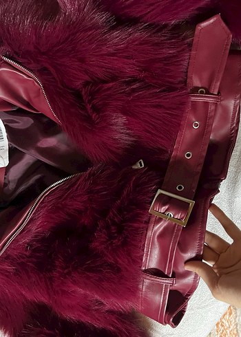 Bordo Deri ve Kürk Detaylı Biker Ceket - Görsel 5