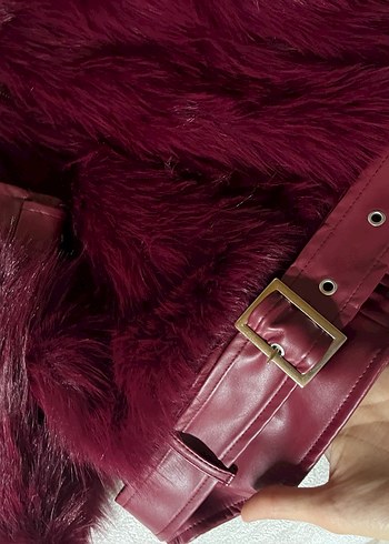 Bordo Deri ve Kürk Detaylı Biker Ceket - Görsel 3