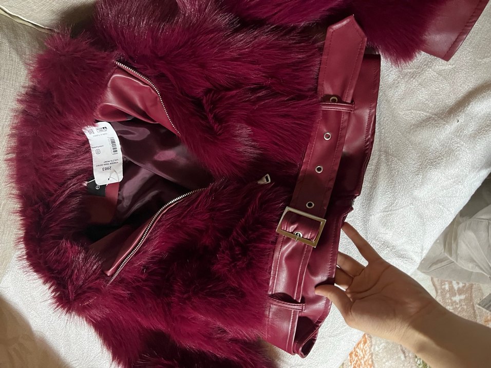 Bordo Deri ve Kürk Detaylı Biker Ceket - Görsel 5