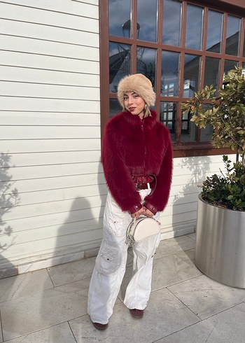 Bordo Kürk Detaylı Midi Boy Kadın Mont - Görsel 2