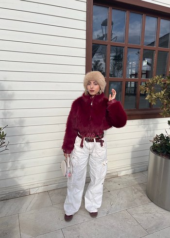 Bordo Kürk Detaylı Midi Boy Kadın Mont - Görsel 3