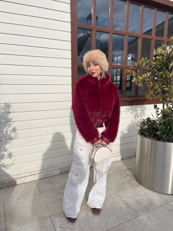 Bordo Kürk Detaylı Midi Boy Kadın Mont - Görsel 2