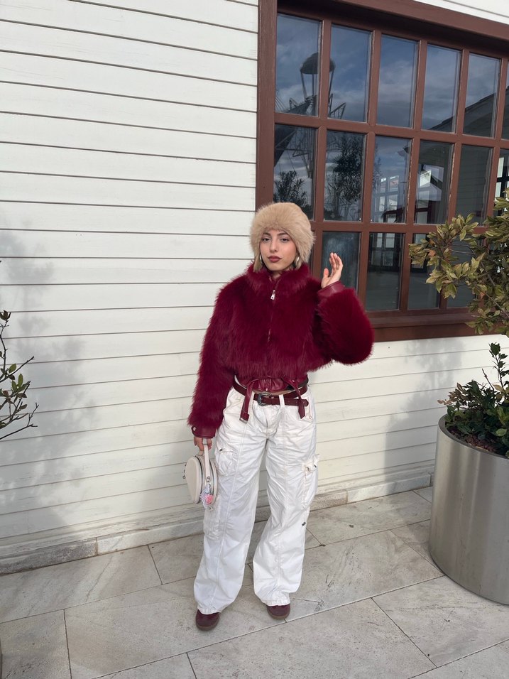 Bordo Kürk Detaylı Midi Boy Kadın Mont - Görsel 3