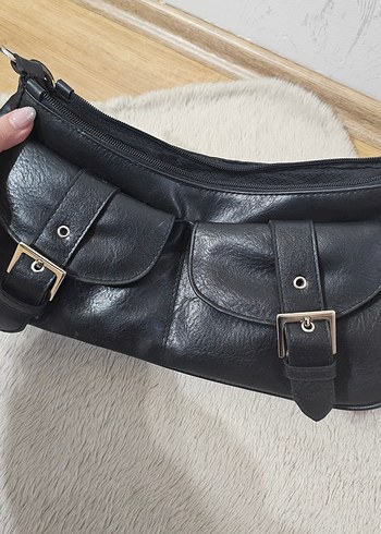 Tokalı Siyah Deri Kadın Çantası Vintage - Görsel 4