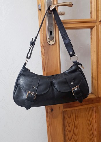 Tokalı Siyah Deri Kadın Çantası Vintage - Görsel 2