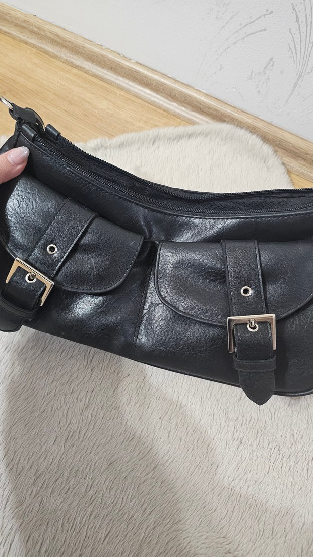 Tokalı Siyah Deri Kadın Çantası Vintage - Görsel 4