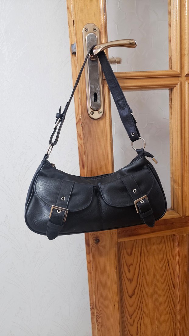 Tokalı Siyah Deri Kadın Çantası Vintage - Görsel 2