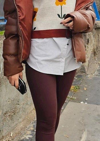 Kahverengi Deri Kapitone Kadın Mont - Görsel 4