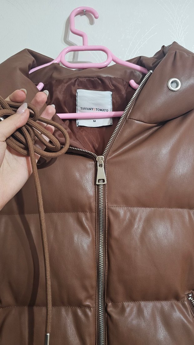 Kahverengi Deri Kapitone Kadın Mont - Görsel 3