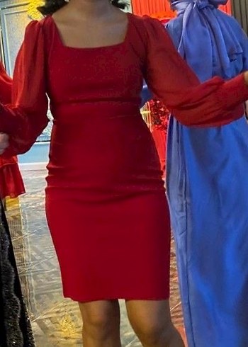 Krep Kumaş Kare Yaka Mini Elbise - Görsel 4