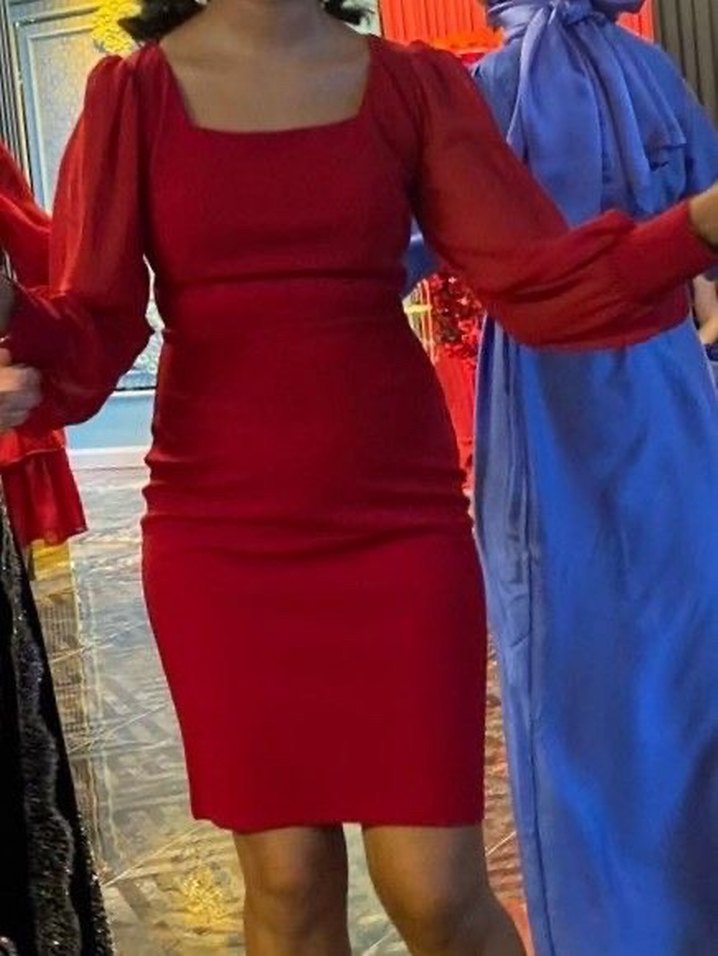 Krep Kumaş Kare Yaka Mini Elbise - Görsel 4