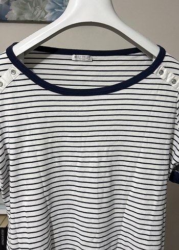 Düğmeli Çizgili Beyaz Kadın Tişört - Görsel 2