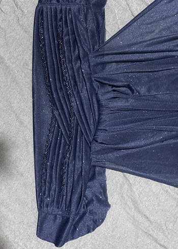 Straplez Lacivert Uzun Drapeli Abiye Elbise şalı - Görsel 3