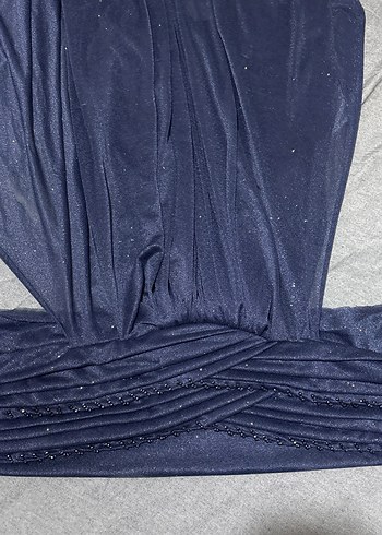 Straplez Lacivert Uzun Drapeli Abiye Elbise şalı - Görsel 2