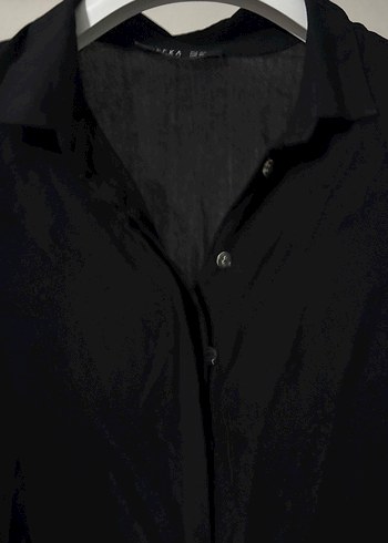 Siyah Keten Kadın Gömlek, Düğmeli, Uzun Kollu - Görsel 2