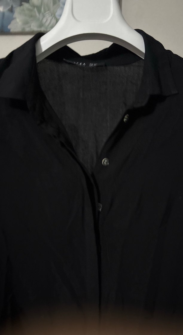 Siyah Keten Kadın Gömlek, Düğmeli, Uzun Kollu - Görsel 2