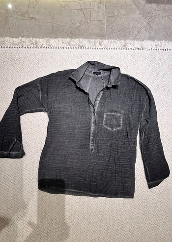 Gri Pamuklu Uzun Kollu Bohem Gömlek - Görsel 2