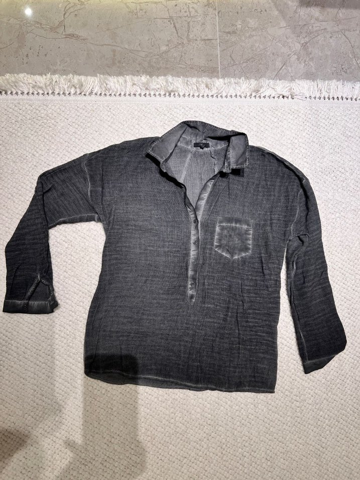 Gri Pamuklu Uzun Kollu Bohem Gömlek - Görsel 2