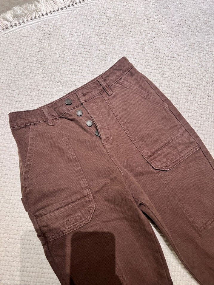 Düğmeli Kahverengi Bol Kesim Kadın Kot Pantolon - Görsel 2