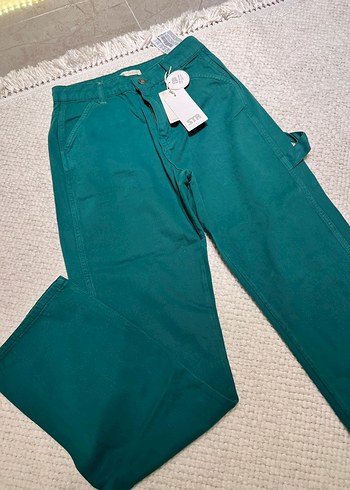 Erkek Turkuaz Pamuklu Bol Kesim Kemerli Pantolon - Görsel 2