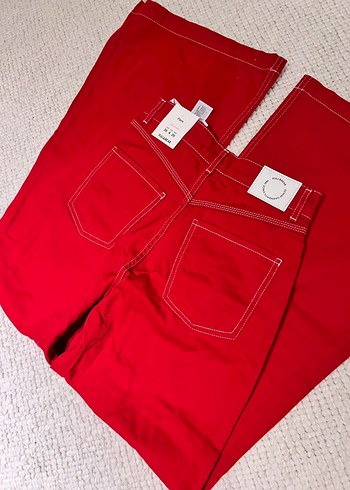 Kadın Kırmızı Rahat Kesim Midi Kot Pantolon - Görsel 3