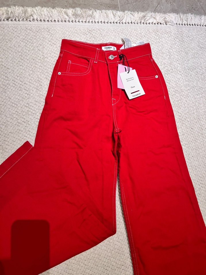 Kadın Kırmızı Rahat Kesim Midi Kot Pantolon - Görsel 2