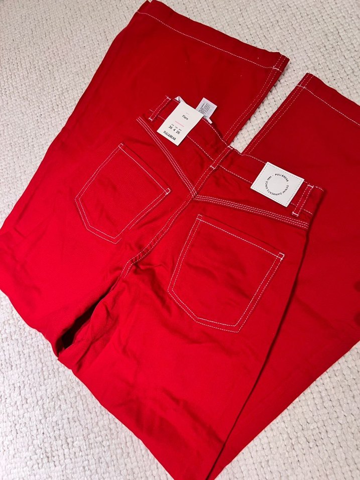 Kadın Kırmızı Rahat Kesim Midi Kot Pantolon - Görsel 3