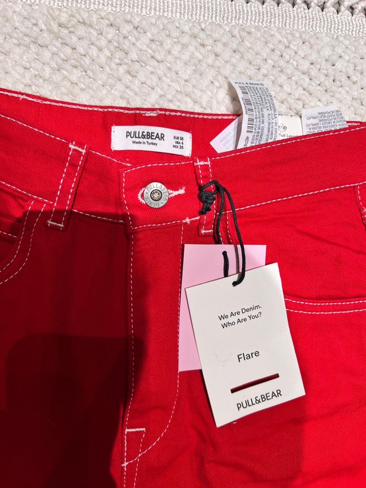 Kadın Kırmızı Rahat Kesim Midi Kot Pantolon - Görsel 4