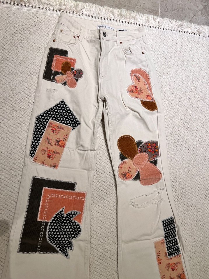 Nakışlı Beyaz Bol Kesim Kadın Kot Pantolon - Görsel 2