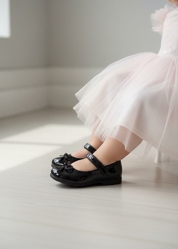 Kız Çocuk Siyah Rugan Fiyonklu Babet - Görsel 2