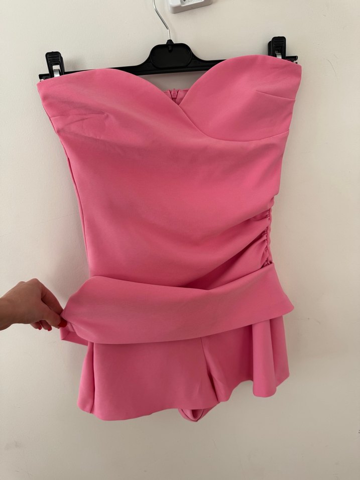 Zara Pembe Drapeli Straplez Mini Şortlu Elbise - Görsel 3