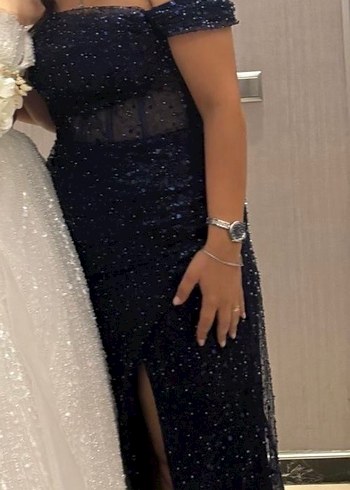 Lacivert Drapeli Uzun Abiye Elbise - Görsel 4