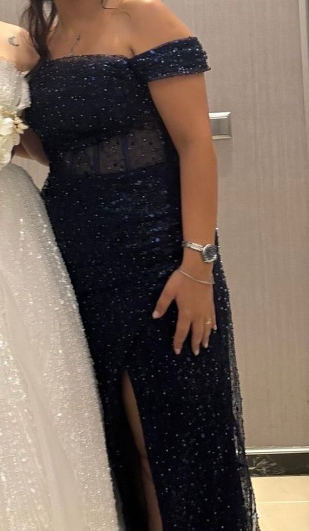 Lacivert Drapeli Uzun Abiye Elbise - Görsel 4