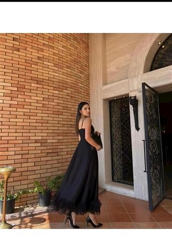 Siyah Uzun Askılı Fırfırlı Kadın Elbise - Görsel 2