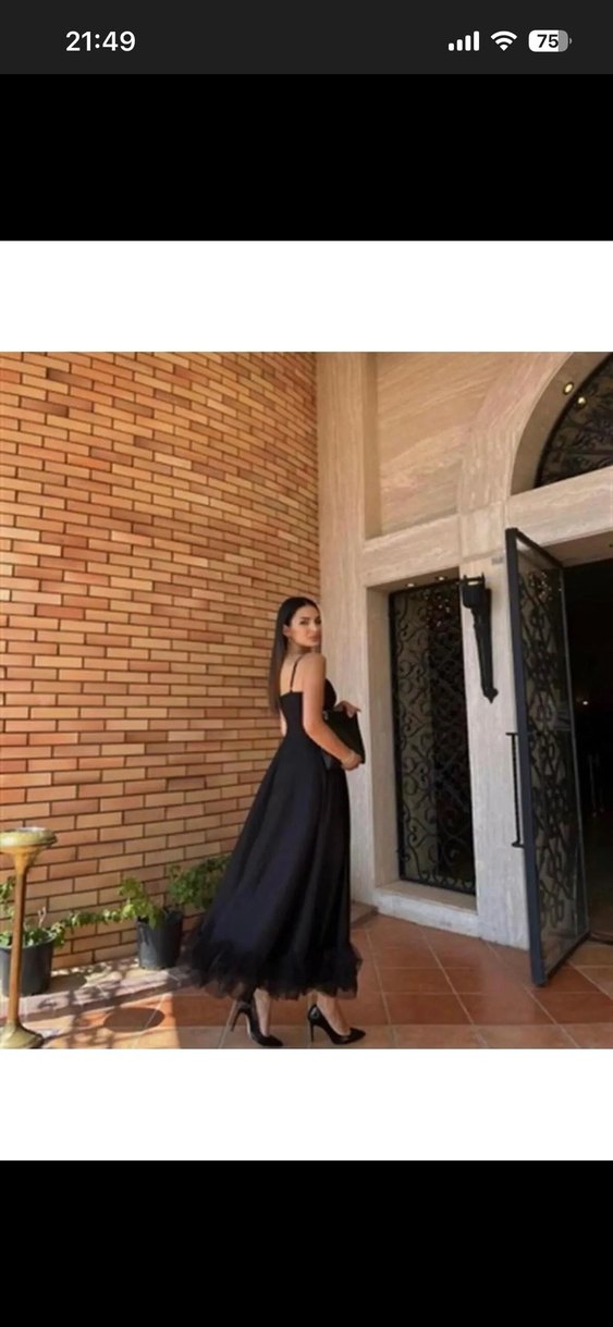 Siyah Uzun Askılı Fırfırlı Kadın Elbise - Görsel 2